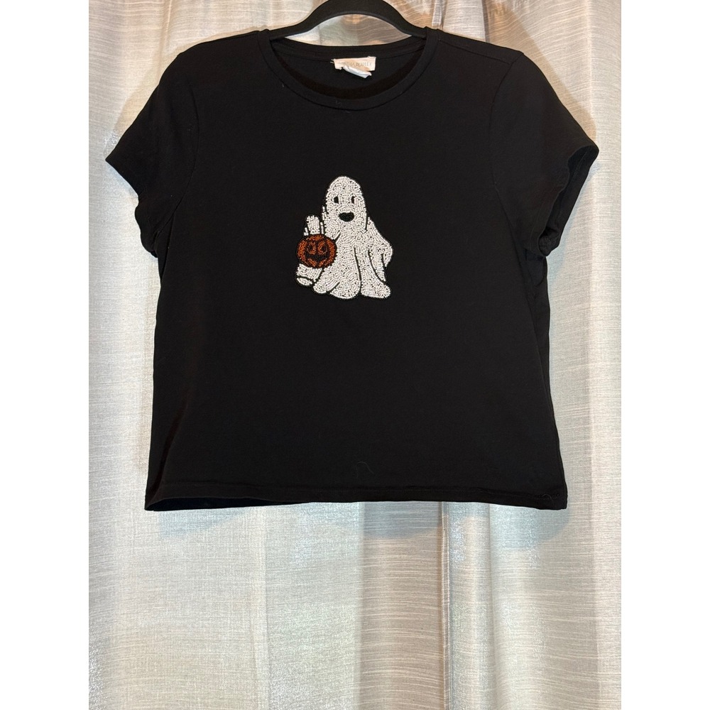 Cynthia Rowley Beaded White Ghost Shirt Black Halloween Pumpkin Embellished Sz M